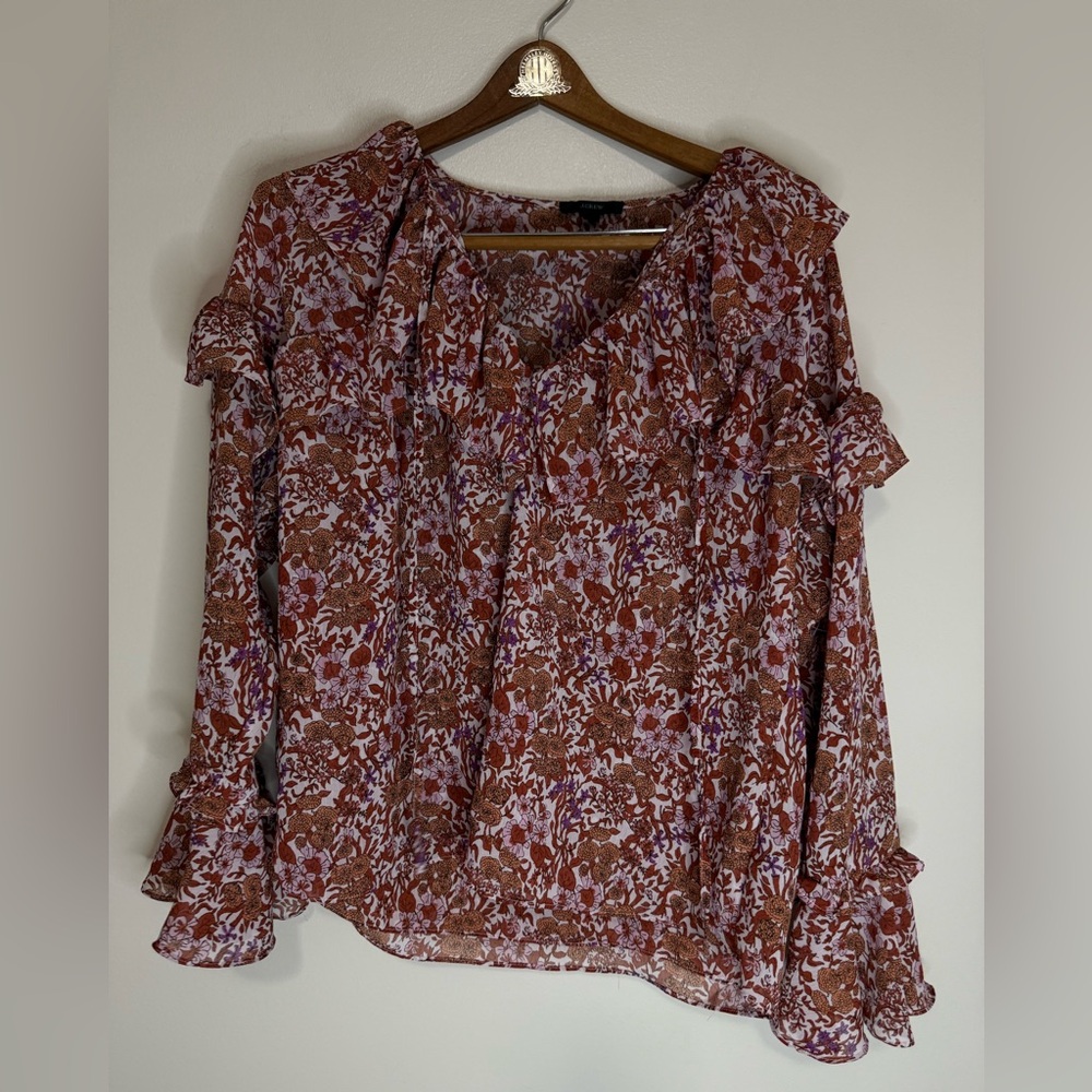 J.Crew Women’s Floral Ruffle Long-Sleeve Blouse — Rust Pink size medium